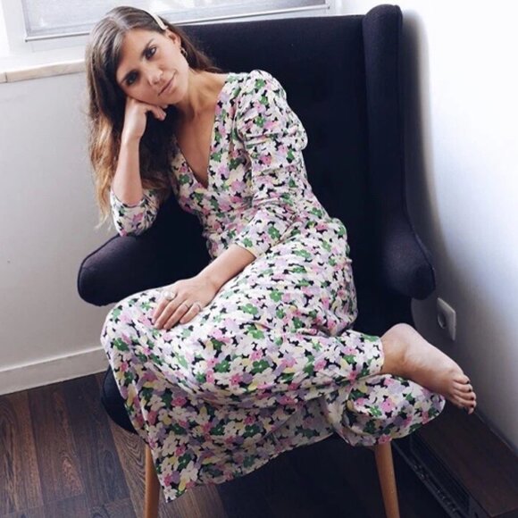 H&M Conscious Floral Print Puff Sleeve Maxi Dress Size Medium Lyocell V-Neck - Picture 7 of 7